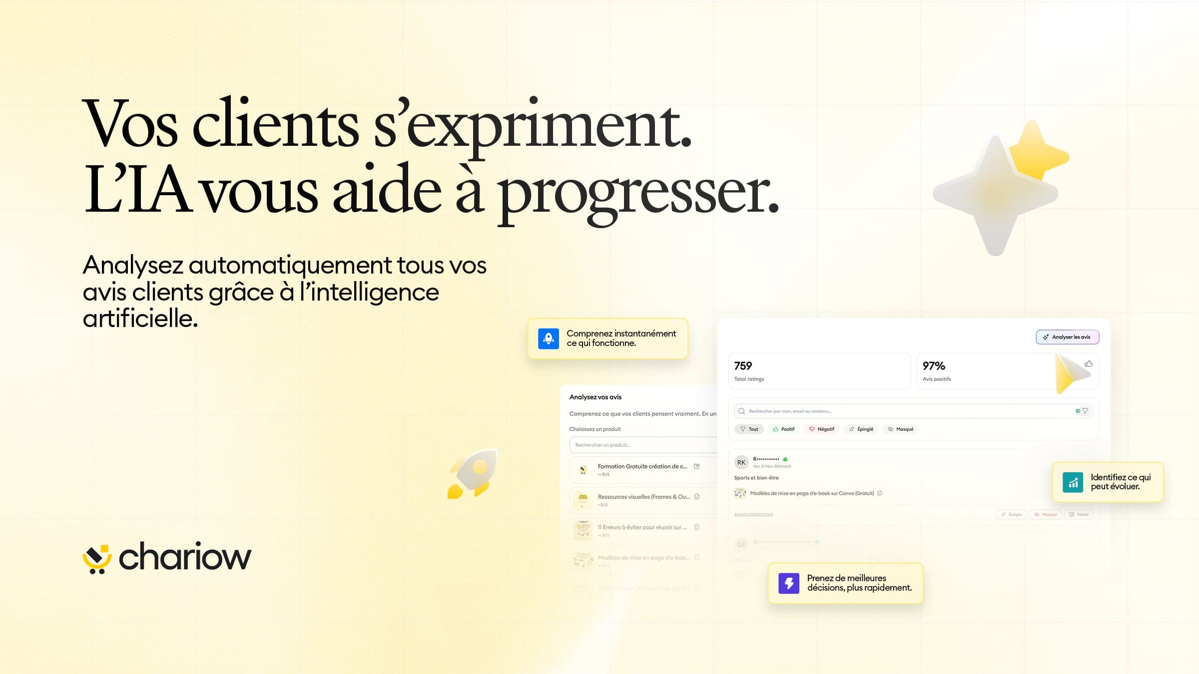Chariow introduit l'analyse automatisée des avis de vos clients.